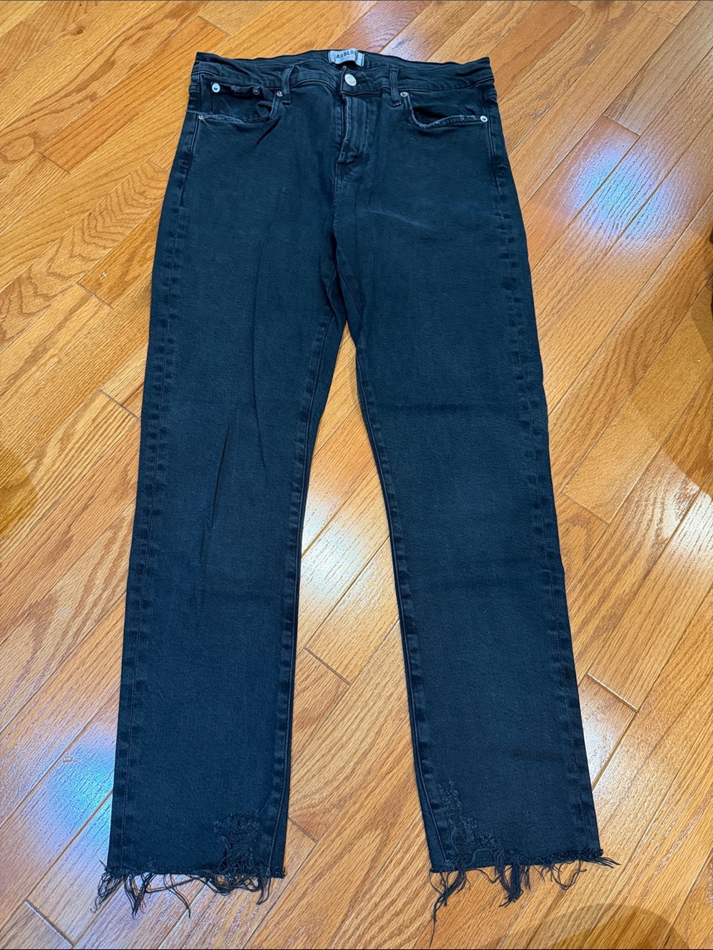 Agolde Dark Denim Straight Leg Jeans with Frayed Bottom & Zip Closure, Size 29